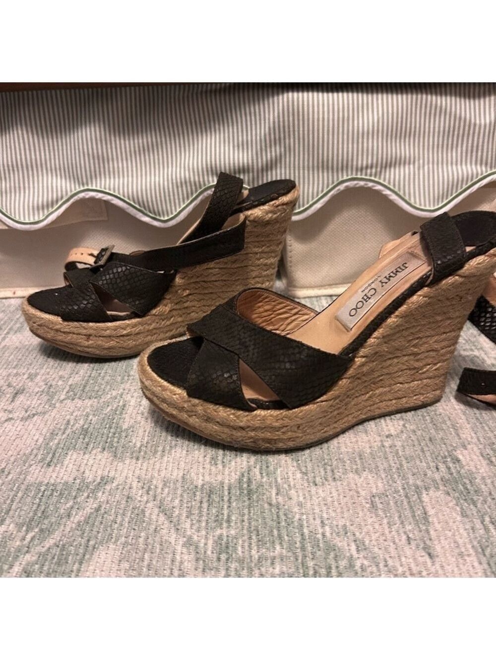 Jimmy Choo Dark Olive Snake Embossed Espadrille Wedges Size 8 - Picture 3 of 3